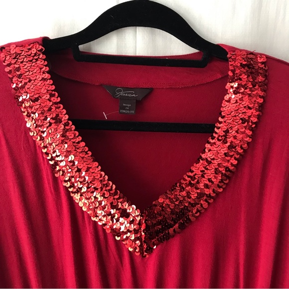 Jessica Image V-Neck, Empire Waist, Plus Size Red Sequin Shirt, Size 2X - Picture 3 of 7